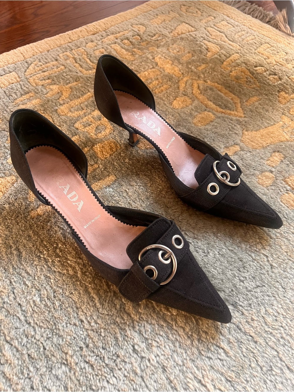 Prada Black Pointed D'Orsay Kitten Heels with Buckle